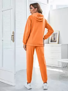 SHEIN Essnce Bộ đồ hai mảnh nữ Dây kéo Túi màu trơn Giải trí - trái cam - Xem 2