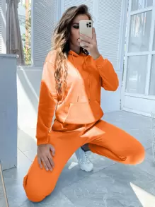 SHEIN Essnce Bộ đồ hai mảnh nữ Dây kéo Túi màu trơn Giải trí - trái cam - Xem 3