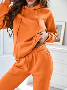 SHEIN Essnce Bộ đồ hai mảnh nữ Dây kéo Túi màu trơn Giải trí - trái cam - Xem 6
