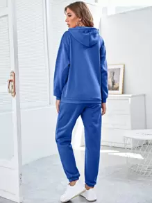 SHEIN EZwear 袋鼠口袋落肩袖抽繩連帽衫和衛褲 - 藍色 - 查看 2