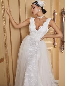 YISIKADO 網紗拼接蕾絲邊及地婚紗洋裝 - 白色 - 查看 5