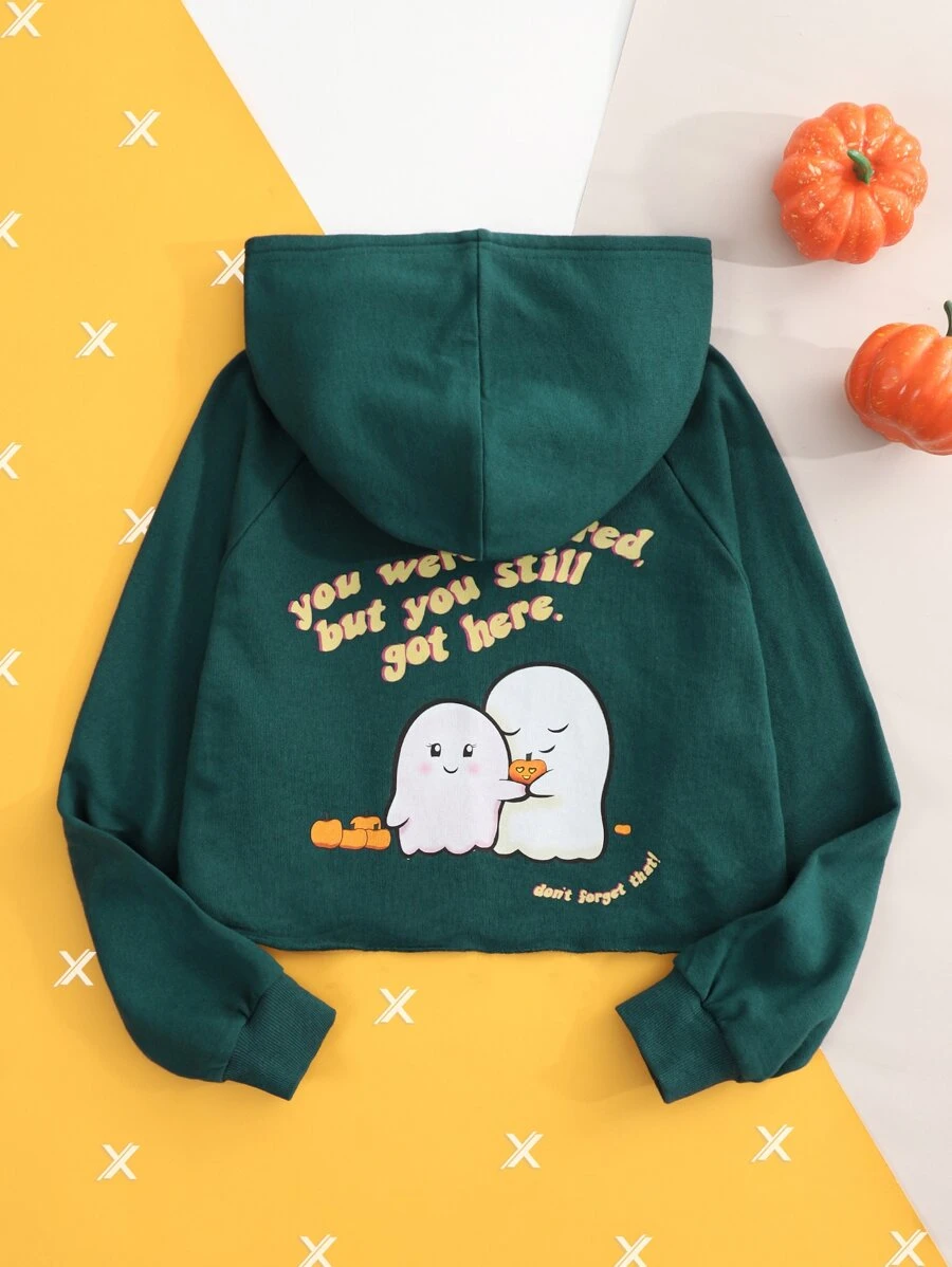 Julmarkz 女孩標語和卡通圖案插肩袖連帽衫