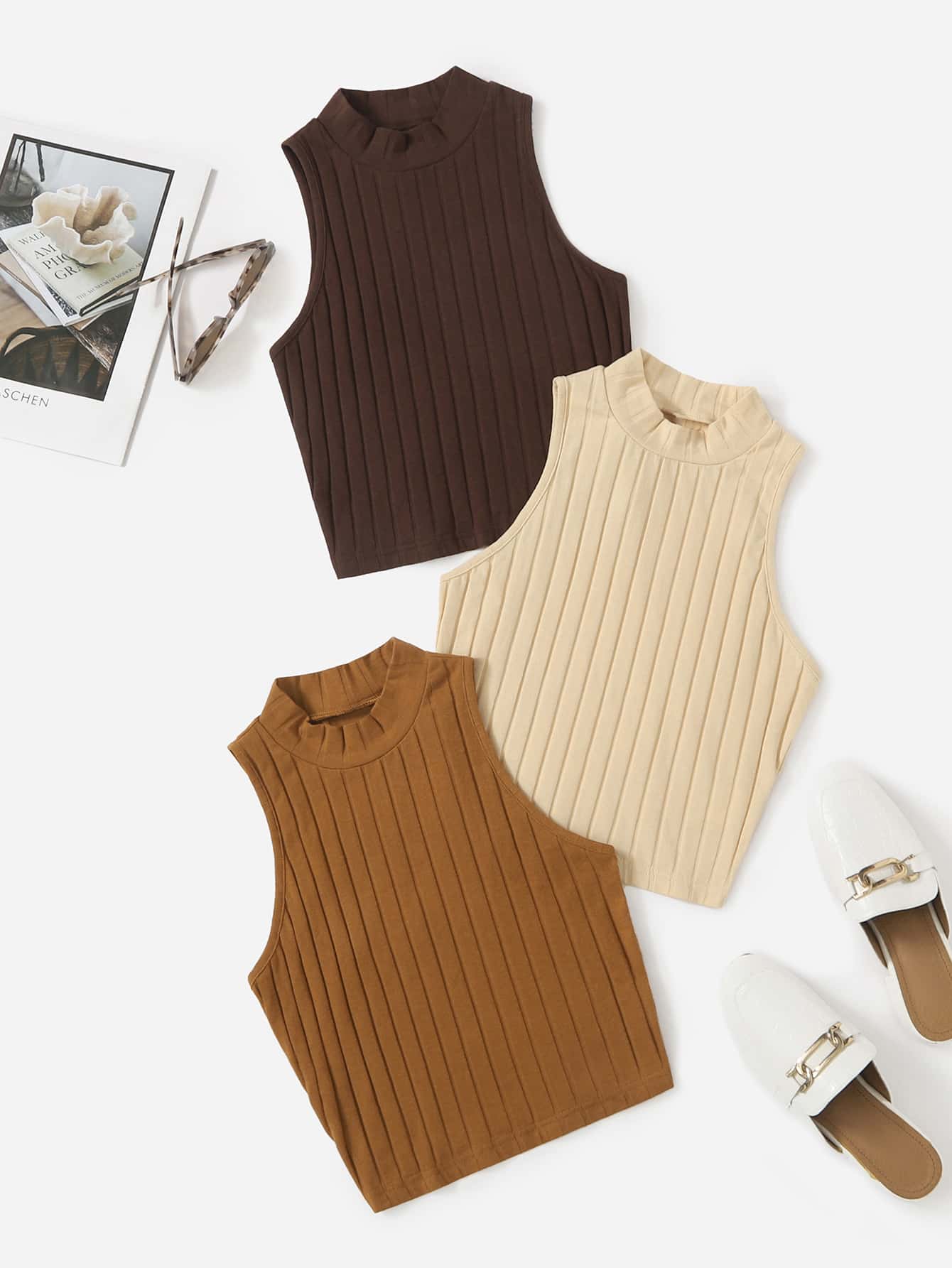 SHEIN EZwear Mùa hè 3 - Miếng Cổ giả Gân đan Thon gọn Cơ sở Áo ba lỗ - Nhiều màu - Xem 1