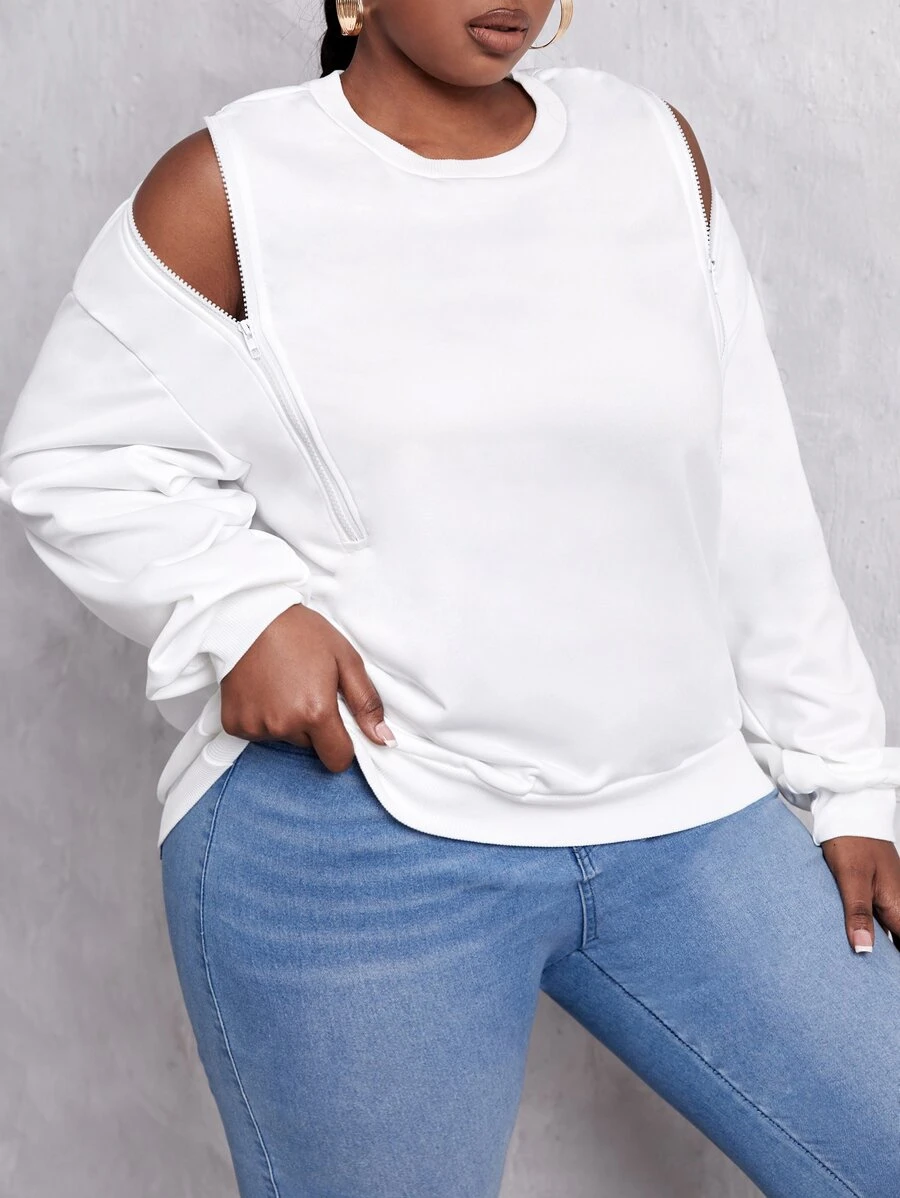 Áo nỉ Plus Size Cắt ra màu trơn Giải trí - trắng - Xem 1