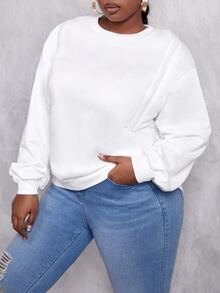 Áo nỉ Plus Size Cắt ra màu trơn Giải trí - trắng - Xem 3