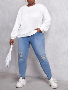 Áo nỉ Plus Size Cắt ra màu trơn Giải trí - trắng - Xem 4