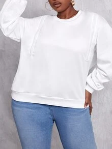 Áo nỉ Plus Size Cắt ra màu trơn Giải trí - trắng - Xem 5