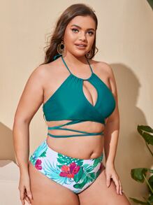 大尺碼植物印花裹身比基尼套裝夏日海灘 - 彩色 - 查看 4