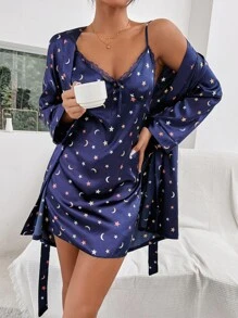 Bộ đồ ngủ Nữ Thắt lưng Nơ Bướm Tương phản ren Tất cả trên in Giải trí - Màu xanh hải quân - Xem 1