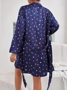 Bộ đồ ngủ Nữ Thắt lưng Nơ Bướm Tương phản ren Tất cả trên in Giải trí - Màu xanh hải quân - Xem 2