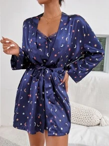 Bộ đồ ngủ Nữ Thắt lưng Nơ Bướm Tương phản ren Tất cả trên in Giải trí - Màu xanh hải quân - Xem 3