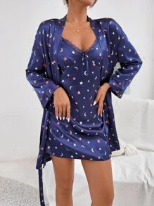 Bộ đồ ngủ Nữ Thắt lưng Nơ Bướm Tương phản ren Tất cả trên in Giải trí - Màu xanh hải quân - Xem 4