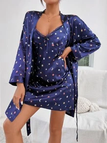 Bộ đồ ngủ Nữ Thắt lưng Nơ Bướm Tương phản ren Tất cả trên in Giải trí - Màu xanh hải quân - Xem 6