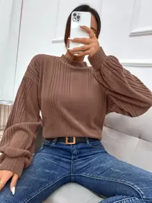 SHEIN Frenchy 小高領落肩T恤 - 摩卡棕 - 查看 1