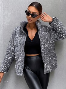 女士纯色长袖前拉链短款亮面领休闲加厚棉服冬季服装 - 灰色 - 查看 6