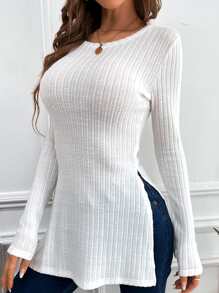 SHEIN Essnce Ribbed Knit Split Hem Tee - White - View 3