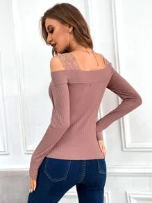 SHEIN Privé Contrast Lace Cold Shoulder Tee - Dusty Pink - View 2