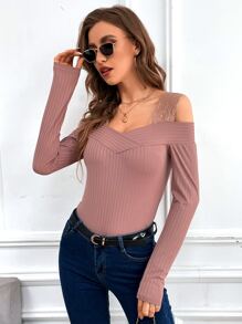 SHEIN Privé Contrast Lace Cold Shoulder Tee - Dusty Pink - View 3