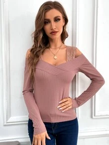 SHEIN Privé Contrast Lace Cold Shoulder Tee - Dusty Pink - View 4