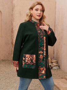 Plus Bird & Plant Print Dual Pocket Overcoat - Dark Green - View 1