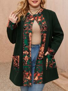 Plus Bird & Plant Print Dual Pocket Overcoat - Dark Green - View 3