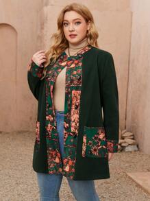 Plus Bird & Plant Print Dual Pocket Overcoat - Dark Green - View 4