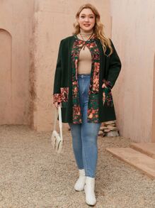 Plus Bird & Plant Print Dual Pocket Overcoat - Dark Green - View 5