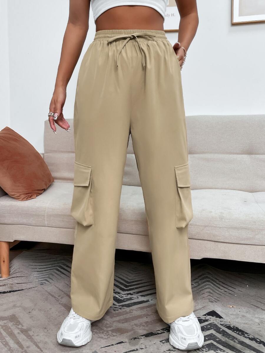 SHEIN PETITE Drawstring Waist Flap Pocket Cargo Trousers - Khaki - View 1