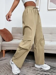 SHEIN PETITE Drawstring Waist Flap Pocket Cargo Trousers - Khaki - View 4
