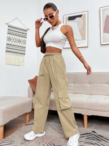 SHEIN PETITE Drawstring Waist Flap Pocket Cargo Trousers - Khaki - View 5