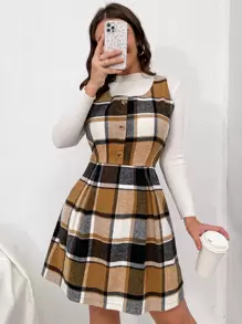 SHEIN Unity 加格子图案褶皱下摆连衣裙（不含 T 恤），适合冬季 - 彩色 - 查看 3