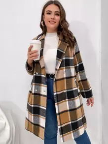 SHEIN LUNE Plus Plaid Double Breasted Lapel Collar Overcoat - Multicolor - View 4