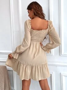 Vestido con fruncido de manga con volante bajo con fruncido - Albaricoque - Ver 2