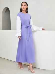 Modelyn Contrast Flounce Sleeve Belted Dress - Violet Purple - View 1