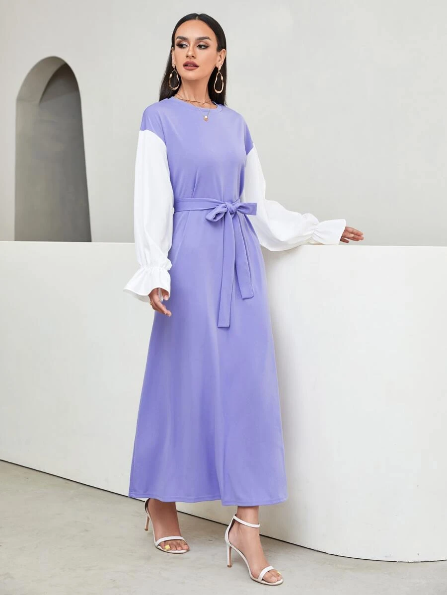 Modelyn Contrast Flounce Sleeve Belted Dress - Violet Purple - View 1