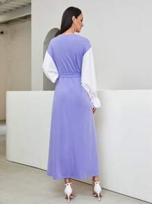 Modelyn Contrast Flounce Sleeve Belted Dress - Violet Purple - View 2