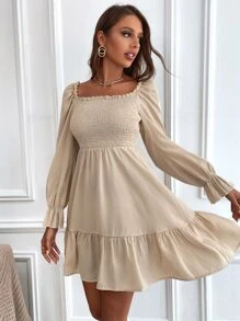 Vestido con fruncido de manga con volante bajo con fruncido - Albaricoque - Ver 3