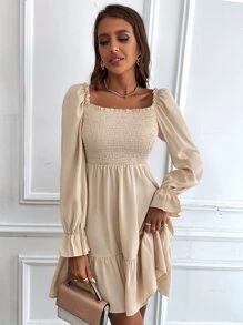 Vestido con fruncido de manga con volante bajo con fruncido - Albaricoque - Ver 4