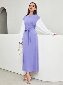 Modelyn Contrast Flounce Sleeve Belted Dress - Violet Purple - View 3