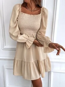 Vestido con fruncido de manga con volante bajo con fruncido - Albaricoque - Ver 5