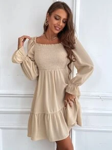 Vestido con fruncido de manga con volante bajo con fruncido - Albaricoque - Ver 6