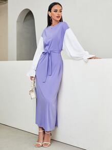 Modelyn Contrast Flounce Sleeve Belted Dress - Violet Purple - View 4