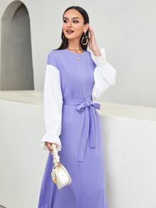 Modelyn Contrast Flounce Sleeve Belted Dress - Violet Purple - View 5