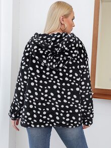 加大码达尔马提亚犬图案袋鼠口袋落肩法兰绒卫衣 - 黑與白 - 查看 2