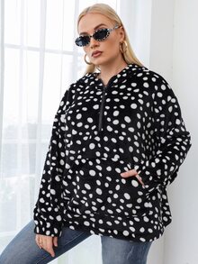 加大码达尔马提亚犬图案袋鼠口袋落肩法兰绒卫衣 - 黑與白 - 查看 3