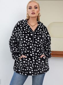 加大码达尔马提亚犬图案袋鼠口袋落肩法兰绒卫衣 - 黑與白 - 查看 4