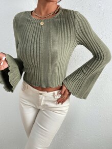 SHEIN EZwear 喇叭袖木耳邊T恤 - 橄欖綠 - 查看 1