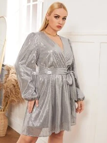 Plus Surplice Neck Lantern Sleeve Belted Sequin Dress