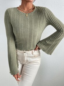 SHEIN EZwear 喇叭袖木耳邊T恤 - 橄欖綠 - 查看 5