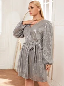 Plus Surplice Neck Lantern Sleeve Belted Sequin Dress